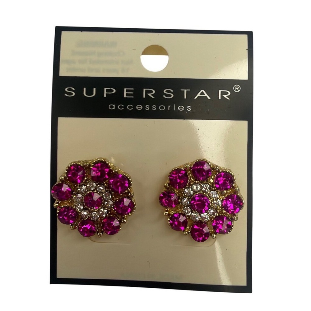Superstar Accessories Fuchsia Pink Rhinestone Floral Cluster Gold Tone Studs Y2K